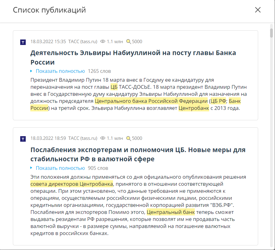 Список публикаций за I квартал 2022 года, отсортированный по индексу заметности