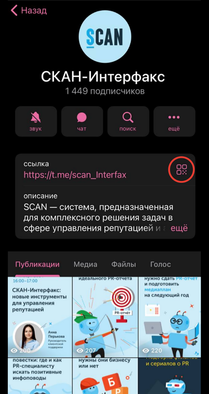 
Кнопка для генерации QR-кода в мобильном интерфейсе Телеграма