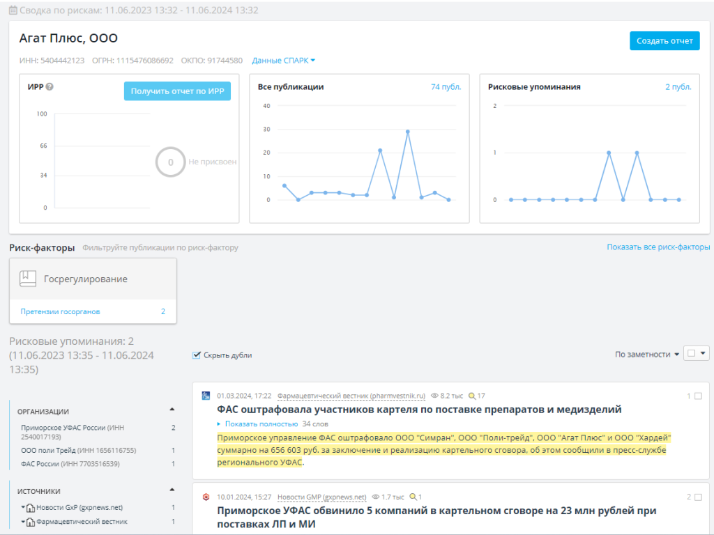 В индексе репутационных рисков все настораживающие публикации группируются по темам — сразу видно, в каких вопросах репутация контрагента сомнительна
